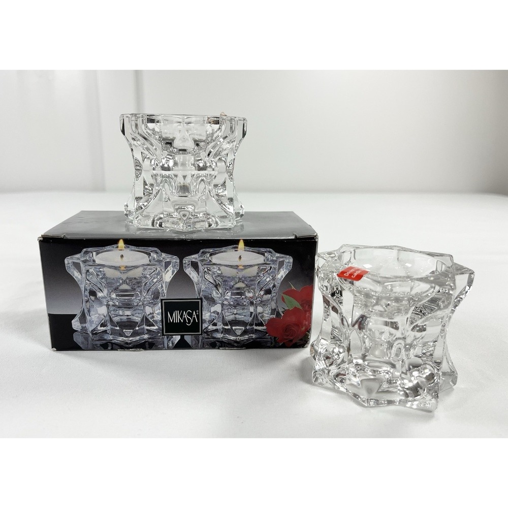 Vintage Mikasa Sparkling Star Crystal Votive Taper Candle Holders Set of 2 Box